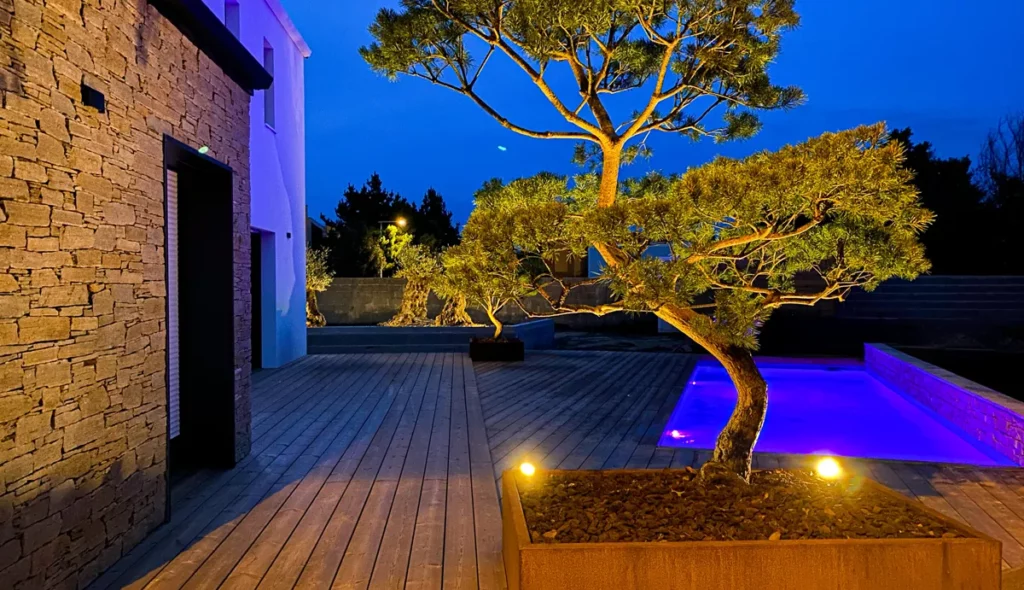Oliviers en jardinières éclairés par des spots encastrés - vue de nuit - Paysagiste Lacanau