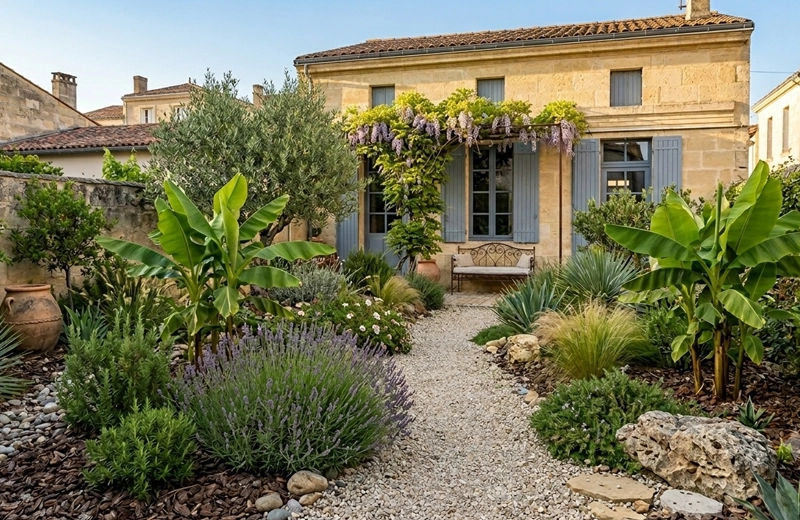 Jardin sec sans arrosage réalisé par un paysagiste à Bordeaux – plantes résistantes à la sécheresse en Gironde