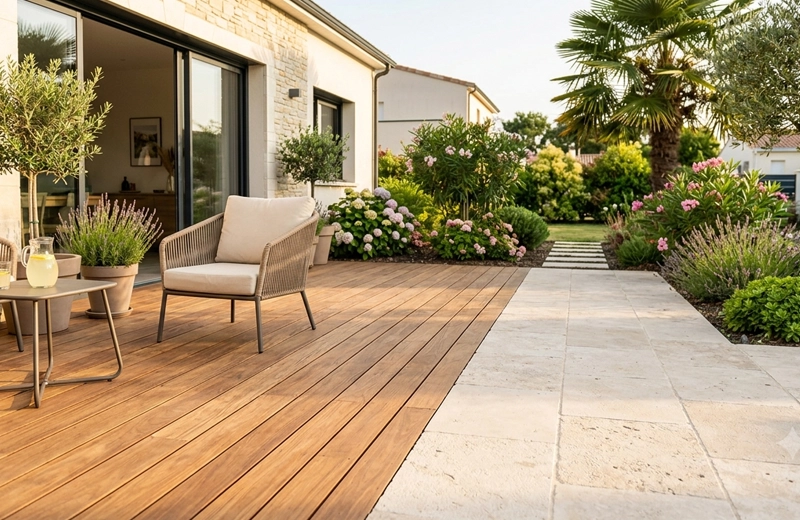 Comparatif terrasse bois composite et dallage grès cérame jardin Gironde paysagiste Jardin à la Carte