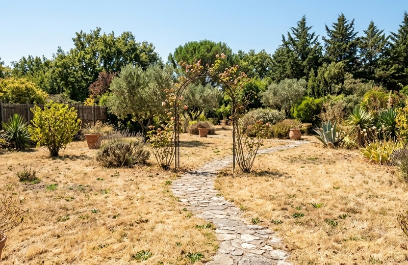 Pelouse jaunie par la sécheresse estivale dans un jardin à Bordeaux, en dormance