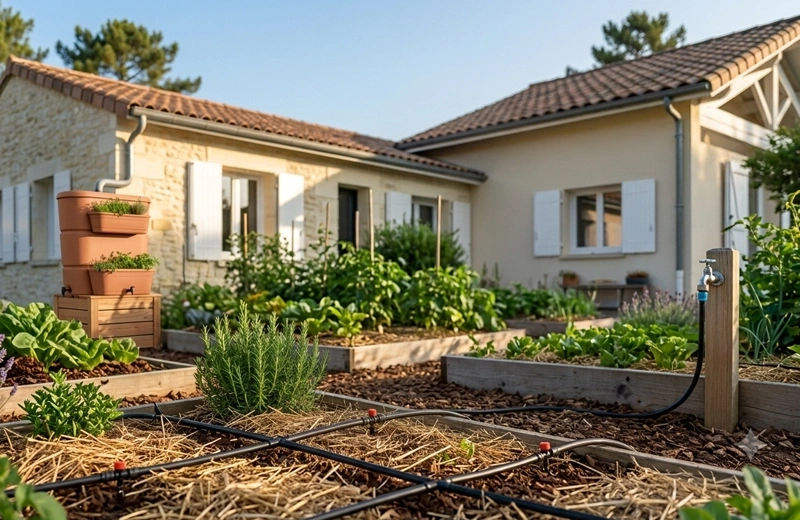 Restrictions d'eau en Gironde : arrosage matinal au goutte-à-goutte d'un massif dans un jardin de Mérignac